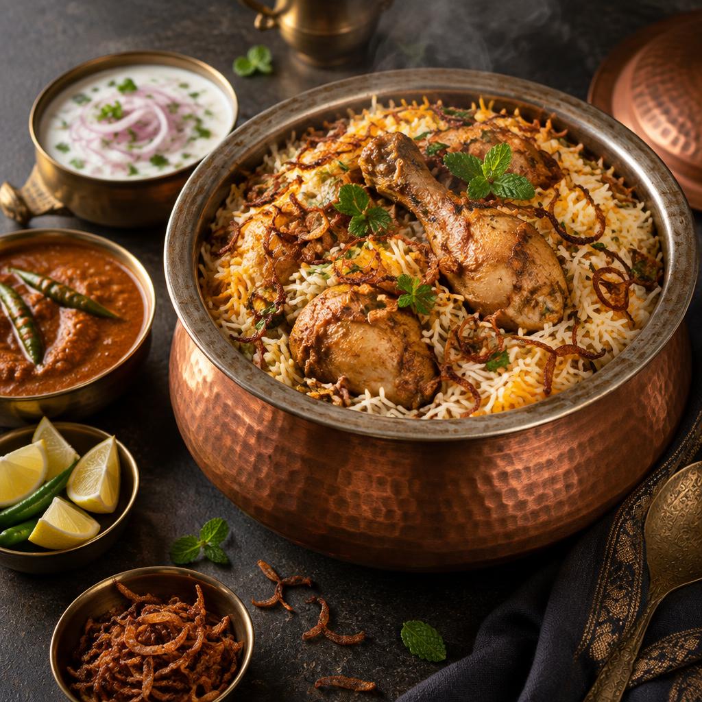 Mamakaram party feast spread with biryani handi, curry, raita and salad